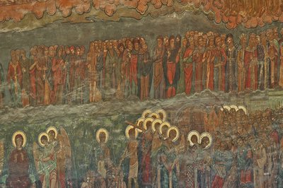 Europa, ROMANIA, Bucarest, Cattedrale Ortodossa Patriarcale (1656), affresco murale accanto all