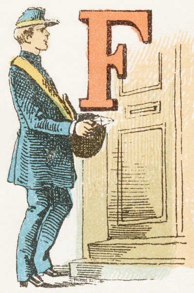 F - Postino - incisione in: Alfabeto infantile. Edizioni Gordinne, verso il 1920. Dimensioni: 16,3 x 10 cm. da Unbekannt