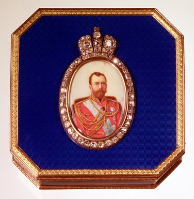 Scatola di smalto blu Fabergé, con ritratto dello Zar Nicola II da Unbekannt