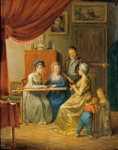 Famiglia con due donne al telaio da ricamo da Unbekannter Künstler