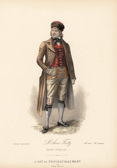Costume alsaziano per il personaggio Ami Fritz (Fritz Kobus dal romanzo di Erckmann-Chatrian). Cappotto da equitazione, gilet di cashmere, pantaloni e toque di pelliccia. Litografia colorata a mano da un disegno di Leon Sault da "L