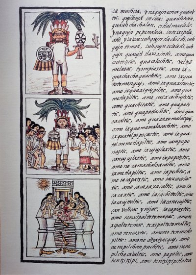 Festa di Toxcatl e la sua vittima, Libro II del Codice Fiorentino, Versione bilingue in spagnolo e nahuatl, Storia generale delle cose della Nuova Spagna (Historia general de las cosas de Nueva Espana), Civiltà azteca da Benjamin Baud