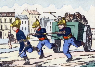 Vigili del fuoco. Incisione in "Alphabet militaire enfantin". Immagini di Pont-a-Mousson, circa 1890. 20 pagine. da Unbekannt