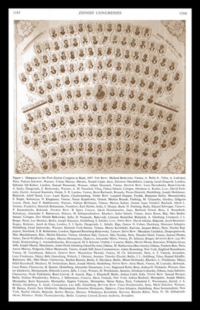 Primo Congresso Sionista a Basilea 1897. Theodore Herzl appare al centro del montaggio dei delegati e dei leader da Unbekannter Künstler