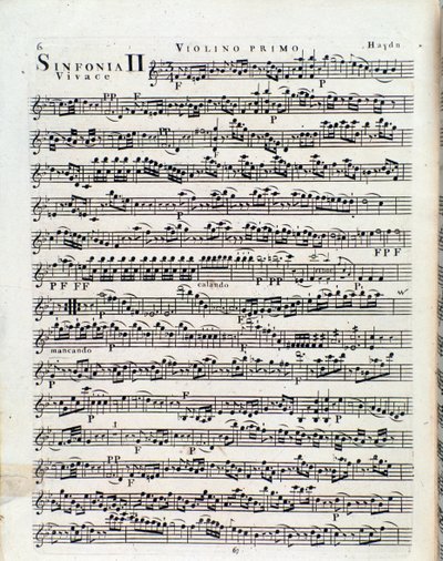Prima pagina dello spartito musicale per violino nella Sinfonia n. 2 di J Haydn da Unbekannter Künstler