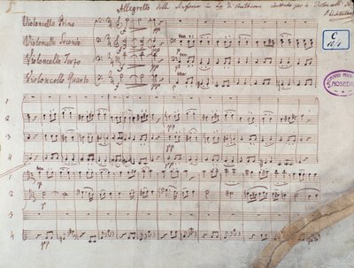 Prima pagina dello spartito per quattro violoncelli della Sinfonia n. 7 in La maggiore, op. 92, di Ludwig van Beethoven da Unbekannter Künstler