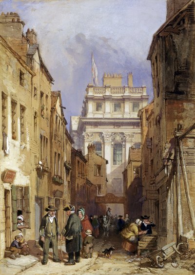 Vicolo dei pescatori: animazione degli abitanti, a nord-ovest del King Charles Court del Greenwich Hospital, Londra, prima della demolizione del quartiere nel 1840 da Unbekannter Künstler