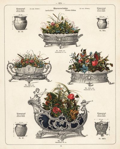 Portafiori, piatti per fiori, vasi e fioriere. Litografia da un catalogo di prodotti metallici fabbricati dalla Wuerttemberg Metalware Factory, Geislingen, Germania da Unbekannter Künstler