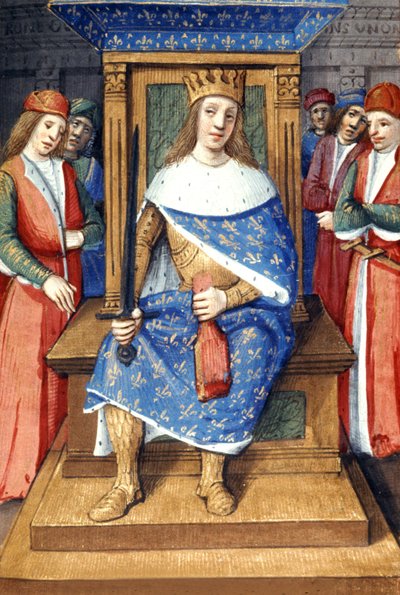 Re francese Luigi IX (San Luigi, 214-1270, re dal 1226 al 1270) sul suo trono, illuminazione francese da Unbekannter Künstler