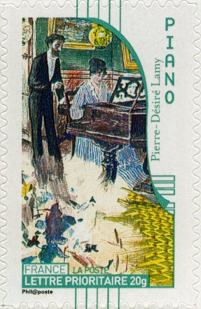 Francobollo francese raffigurante una pianista, da un dipinto dell