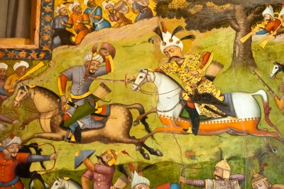 Affresco; Shah Ismail a cavallo bianco nella battaglia di Taher Abad; 1510; contro gli Uzbeki a Merv; Chehel Sotoun; Palazzo delle Quaranta Colonne; Isfahan; Iran; Asia da Unbekannt