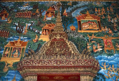 Affresco e dettaglio architettonico, Wat That, grande stupa sacro ricostruito nel XX secolo, Luang Prabang (Patrimonio dell
