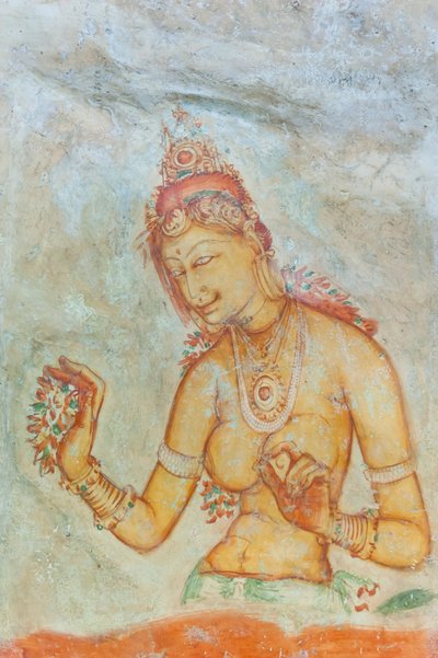Affresco; donna a seno nudo con fiori; Apsara; Sito Patrimonio dell