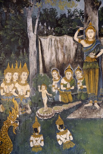 Affresco che raffigura una scena della vita del Buddha nel Wat Phra Doi Suthep, Chiang Mai. Thailandia. Buddha bambino da Unbekannt
