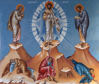Affresco nella chiesa della Santa Croce, Pedoulas: La Trasfigurazione, Cristo trasfigurato tra Elia e Mosè con le tavole della legge. Ai loro piedi, gli apostoli Giacomo, Giovanni e Pietro da Unbekannt