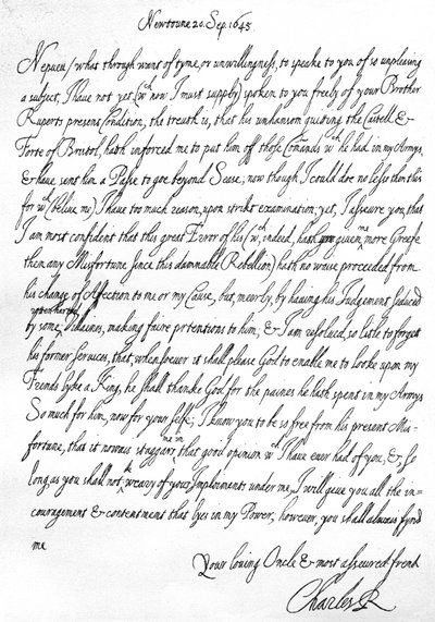 Lettera amichevole di Carlo I a suo nipote, il Principe Maurizio, scritta a Newtown, Powys, Galles, 20 settembre da Unbekannt