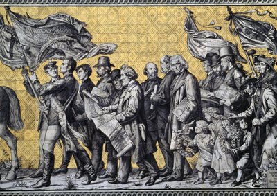 Furstenzug, o Processione dei Principi, in Augustusstrasse, composta da 25.000 piastrelle di Meissen, dettaglio, Dresda, Sassonia, Germania da Benjamin Baud