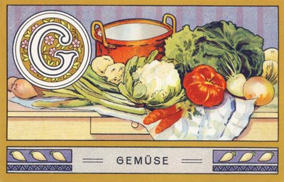 G: Gemuse - Alphabet Palmin. Serie di cromolitografie edite da H. Schlinck & Cie, Amburgo, s.d. Pubblicità per Palmin feinstes Cocosfett. Dimensioni: 7 x 11 cm da William M. Timlin