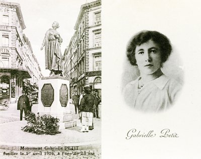 Gabrielle Petit e il monumento eretto in suo onore a Bruxelles, cartoline commemorative, c.1925 (litografia) da Unbekannter Künstler