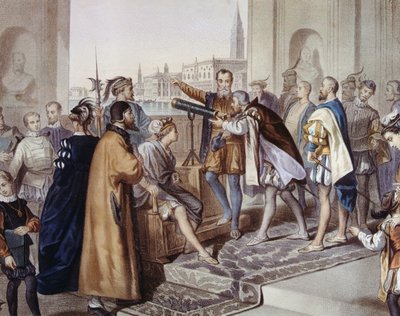 Galileo Galilei dimostra la sua invenzione del telescopio da Unbekannter Künstler