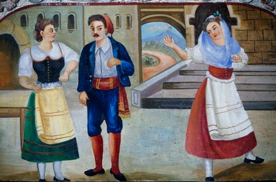 Scena galante con personaggi in costume, dipinto su pannello di legno, artigianato siciliano, Sicilia, Italia (dettaglio) da William M. Timlin