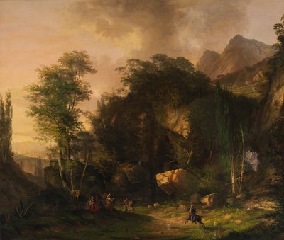 Paesaggio montano con cavalieri in battaglia da Unbekannter Künstler