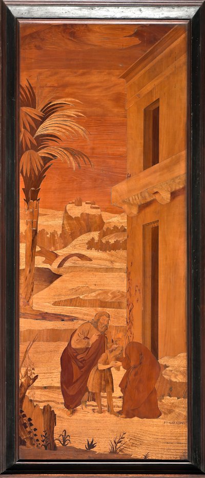 Genova, Duomo (Cattedrale di San Lorenzo), interno, abside, coro, lato nord: "San Giovanni Battista si congeda dalla sua famiglia", intarsio ligneo di Vincenzo e Tommaso Garassino (XIX secolo) da Unbekannter Künstler