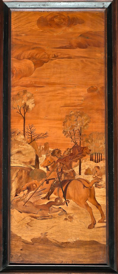 Genova, Duomo (Cattedrale di San Lorenzo), interno, abside, coro, sud: "San Giorgio e il drago", intarsio ligneo di Vincenzo e Tommaso Garassino (XIX secolo) da Unbekannter Künstler