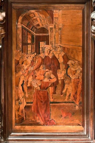 Genova, Duomo (Cattedrale di San Lorenzo), interno, presbiterio, abside, coro, lato nord: "La Carità di San Lorenzo", intarsio in legno di Gian Michele De