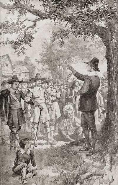George Fox che predica a una folla nel Maryland, America nel 1671 durante un incontro di quattro giorni dei Quaccheri locali da Unbekannter Künstler