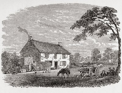 Luogo di nascita di George Stephenson. Un cottage in pietra del 18° secolo, casa di George Stephenson, Wylam, Northumberland, Inghilterra, visto qui nel 19° secolo. Da Great Engineers, pubblicato c.1890 da Unbekannter Künstler