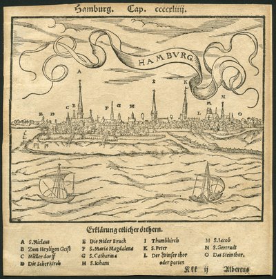 Germania, Amburgo, vista sulla città, in primo piano il fiume Elba, illustrazione dalla Cosmographia di Sebastian Muenster, c.1570 (incisione) da Unbekannter Künstler