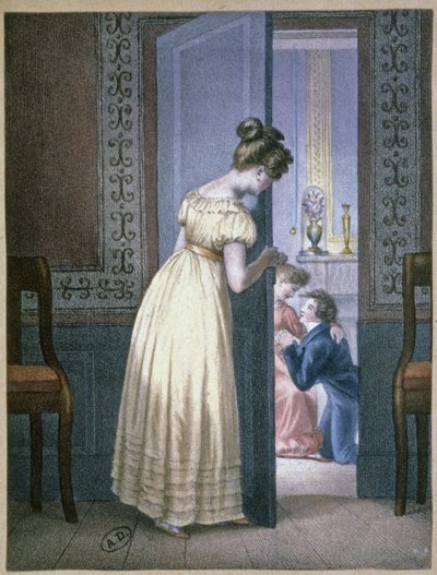 Ragazza che ascolta la conversazione privata di due amanti, c.1820 (incisione) da Unbekannter Künstler