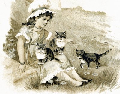 Ragazza che torna con gatti sulle ginocchia. Cartolina intorno al 1900 da Unbekannt