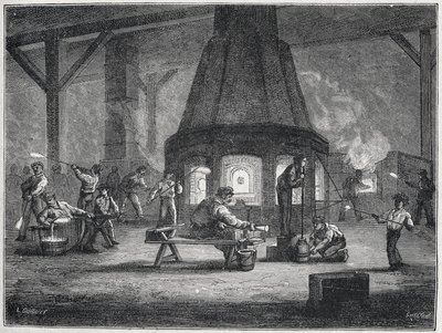 Produzione del vetro nella seconda metà del XIX secolo: bambini al lavoro, c. 1880 (incisione) da Unbekannter Künstler