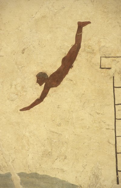 Arte greca: Affresco della Tomba del Tuffatore, Paestum, Regione della Campania, Italia. Tomba del Tuffatore, murale, parco archeologico di Paestum, Campania, Italia da William M. Timlin