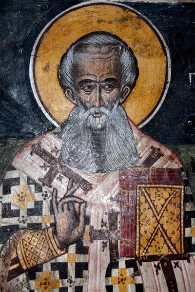 Cristianesimo ortodosso greco; antichi affreschi bizantini; murale del Vescovo Nicola; Chiesa di Agios Nikolaos a Petra; Lesbo; Mar Egeo; Grecia; Europa da Unbekannt