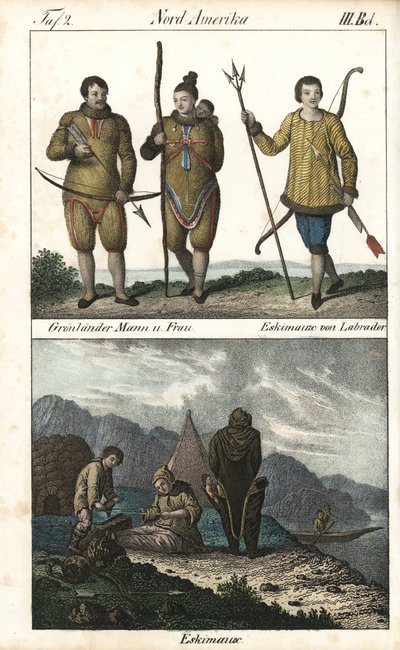 Abitanti della Groenlandia con pelli e un Inuit del Labrador (Canada) con un tridente. Sotto una scena quotidiana della vita familiare Inuit davanti a un igloo, una tenda e una canoa, Nord America. Litografia per il libro: “Galerie complete en tableaux fid da Unbekannter Künstler