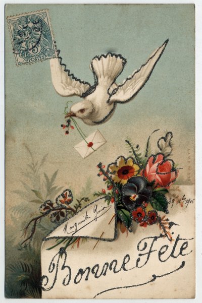Biglietto di auguri: un uccello porta una lettera sigillata - Cartolina datata 1906 da Unbekannt