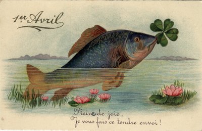 Biglietto di auguri per il 1° aprile: pesce con un quadrifoglio - Cartolina fine XIX-XX secolo da William M. Timlin