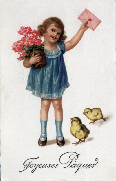 Biglietto di auguri per Pasqua: una bambina porta una lettera sigillata accompagnata da due pulcini - Cartolina fine XIX-XX secolo da Unbekannt