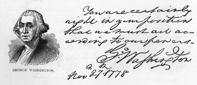 Scrittura e firma di George Washington da una lettera riguardante i piani di Washington per l
