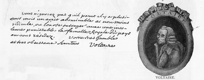 Scrittura e firma di Voltaire, da una lettera scritta a Colmar al ministro francese alla corte di Federico il Grande a Berlino, il Cavaliere de la Touche, 3 marzo da Unbekannt