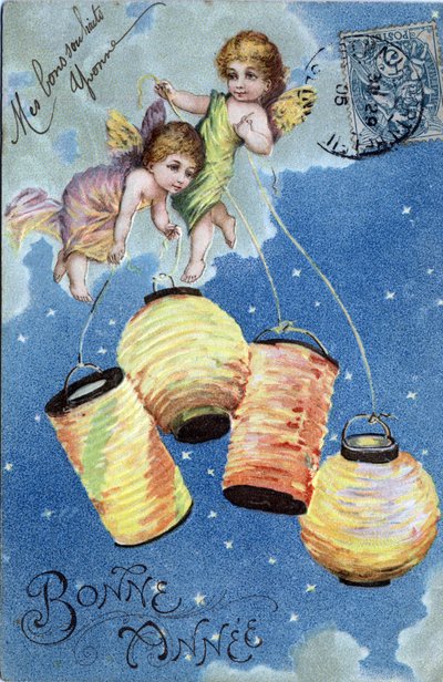 Biglietto di auguri di Buon Anno: Due angeli con lanterne - Cartolina datata 1905 da Unbekannt