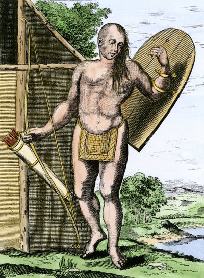Storia dei popoli indigeni: Un indiano del Canada con uno scudo, un arco e frecce in una faretra da Unbekannter Künstler