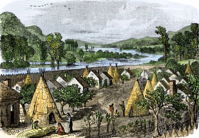 Storia dei Popoli Indigeni: Villaggio Mohawk, New York, circa 1780. Incisione colorata del XIX secolo da Unbekannter Künstler