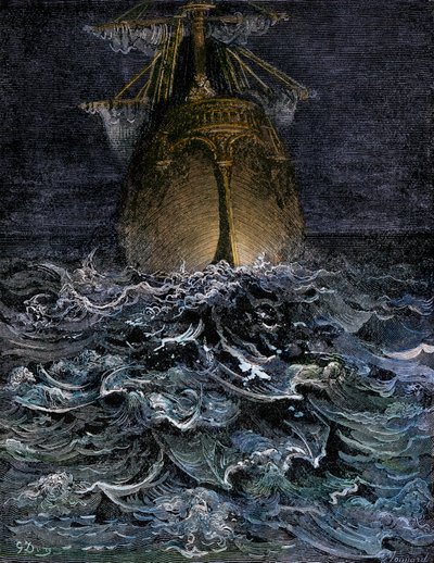 Ho osservato il mare in decomposizione, lo scafo di una nave sul mare di notte - Illustrazione di Gustave Doré (1832-1883) per "La ballata del vecchio marinaio" di Samuel Taylor Coleridge (1772-1834) - Incisione colorata da Unbekannter Künstler