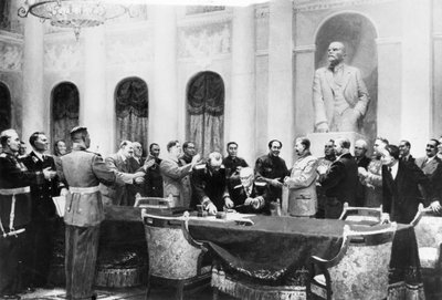 In nome della pace, dipinto di artisti sovietici, raffigura la firma del Trattato di amicizia, alleanza e assistenza reciproca tra l