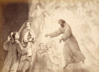 Nella Sfera di Marte, Dante incontra lo spirito del suo antenato Cacciaguida. Illustrazione del Canto XV del Paradiso della Divina Commedia di Dante Alighieri. Opera di Francesco Scaramuzza dedicata al Comune di Firenze. da Unbekannter Künstler