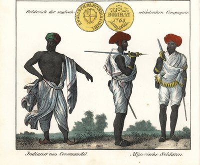 Costumi indiani: un uomo della costa di Coromandel e due soldati di Mysore (o Maissour). Con una moneta d